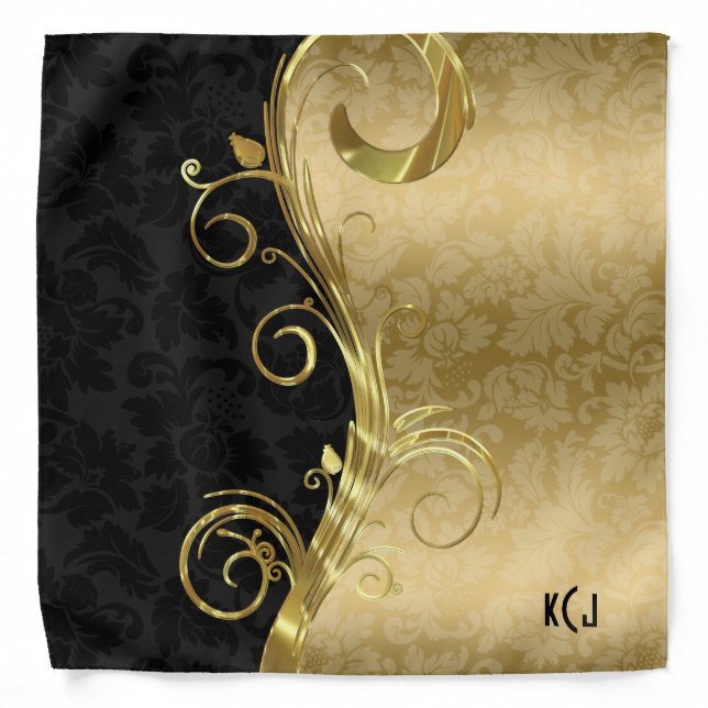 Black And Gold Damask And Gold Swirl Bandana (Front)