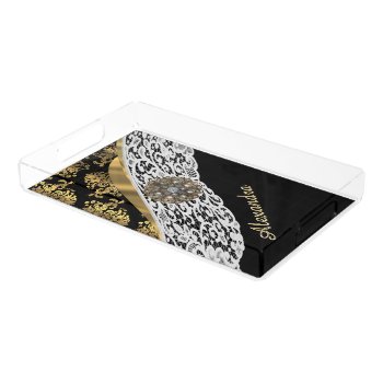 Black And Gold Damask And White Lace Crystal Acrylic Tray by monogramgiftz at Zazzle