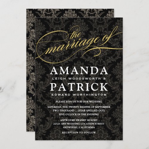 Black and Gold Damask Art Deco Wedding Invitations