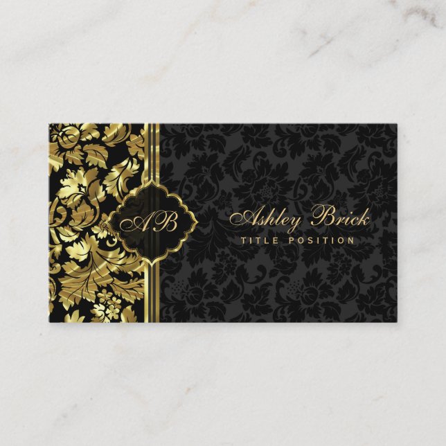 Black And Gold Damask Business Card (Front)