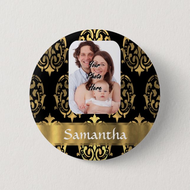 Black and gold damask button (Front)