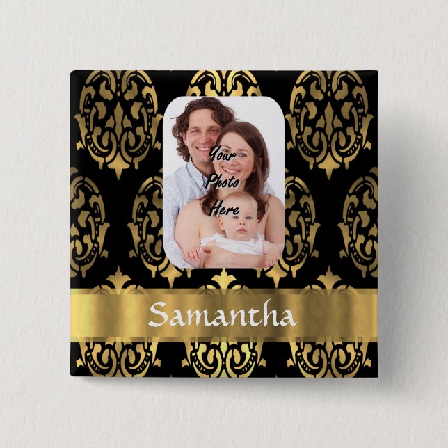 Black and gold damask button (Front)