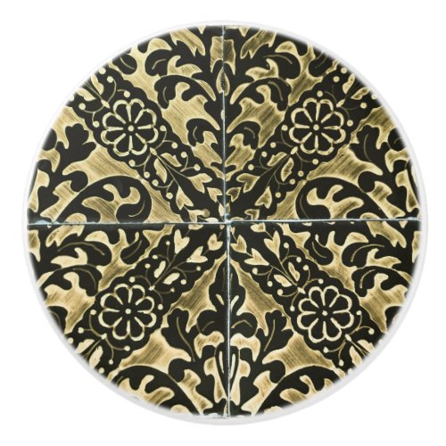 Black and Gold Damask Ceramic Knob