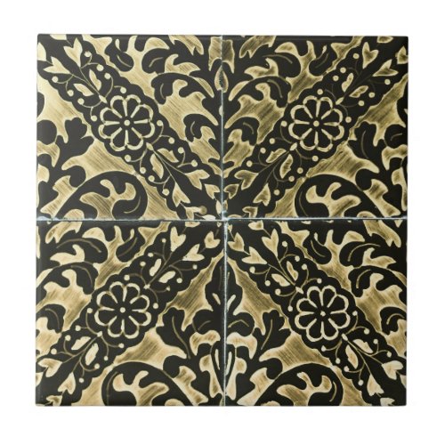 Black and Gold Damask Ceramic Tile