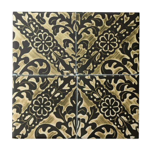 Black and Gold Damask Ceramic Tile (Front)