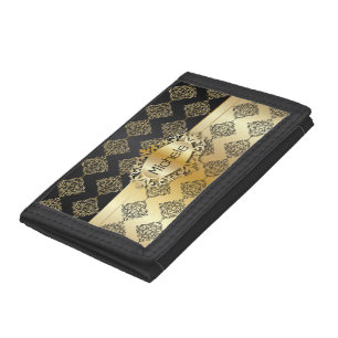 Black and Gold Damask Design Personalize Tri-fold Wallet