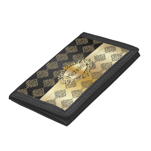 Black and Gold Damask Design | Personalize Trifold Wallet (Bottom)