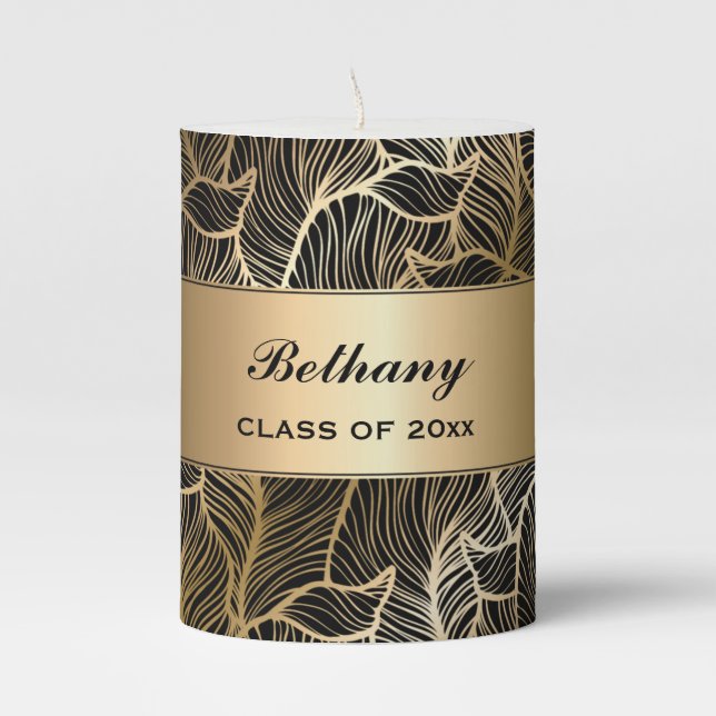 Black and Gold Damask fern Graduation Centerpieces Pillar Candle (Front)