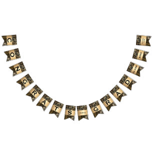 Black and Gold Damask fern Graduation party Bunting Flags