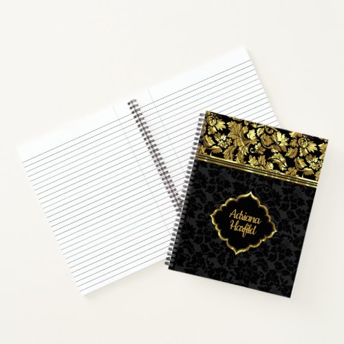 Black And Gold Damask Gold Frame Notebook