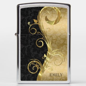 Black And Gold Damask Gold Swirl Zippo Lighter by gogaonzazzle at Zazzle