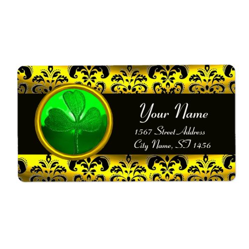 BLACK AND GOLD DAMASK GREEN SHAMROCK LABEL