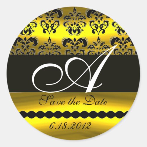 BLACK AND GOLD DAMASK MONOGRAM CLASSIC ROUND STICKER