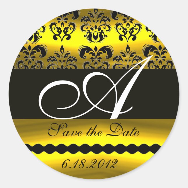 BLACK AND GOLD DAMASK MONOGRAM CLASSIC ROUND STICKER (Front)
