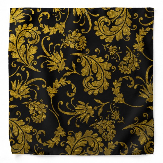 Black And Gold Damask Pattern Bandana (Front)