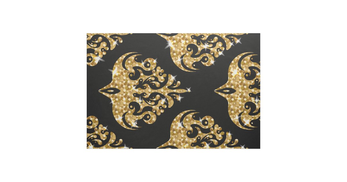 Black and gold damask pattern fabric | Zazzle