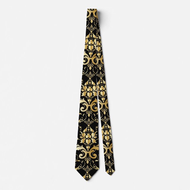 Black and Gold Damask Pattern Neck Tie (Front)