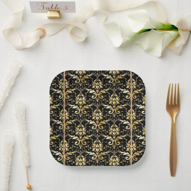 Black and Gold Damask Pattern Paper Plates (Wedding)