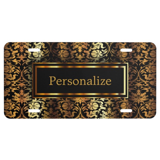 Black and Gold Damask | Personalize License Plate (Front)