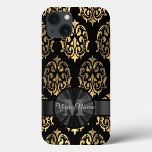 Black and gold damask personalized monogram iPhone 13 case