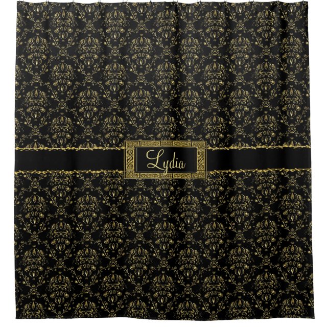 Black and Gold Damask Personalized Shower Curtain (Front)