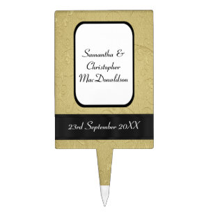 Black and gold damask personalized wedding cake topper