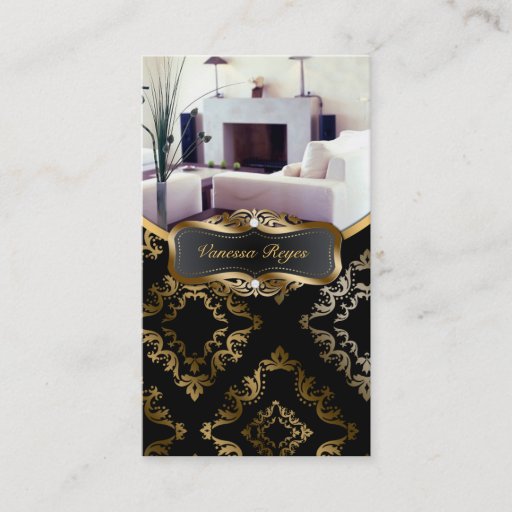 Customizable Black and Gold Damask Photo Business Card