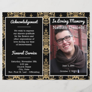 Black And Gold Damask Photo Funeral Program