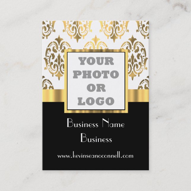 Black and gold damask photo logo business card (Front)