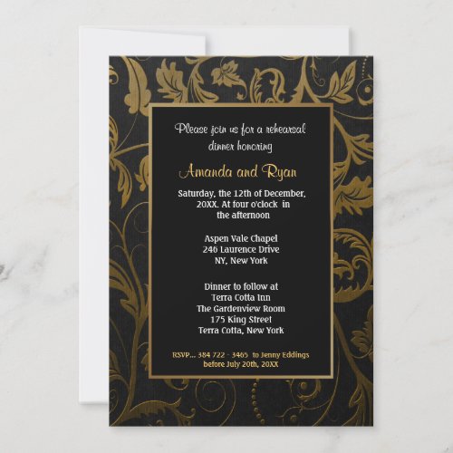 Black and Gold Damask Rehearsal Dinner Invitation