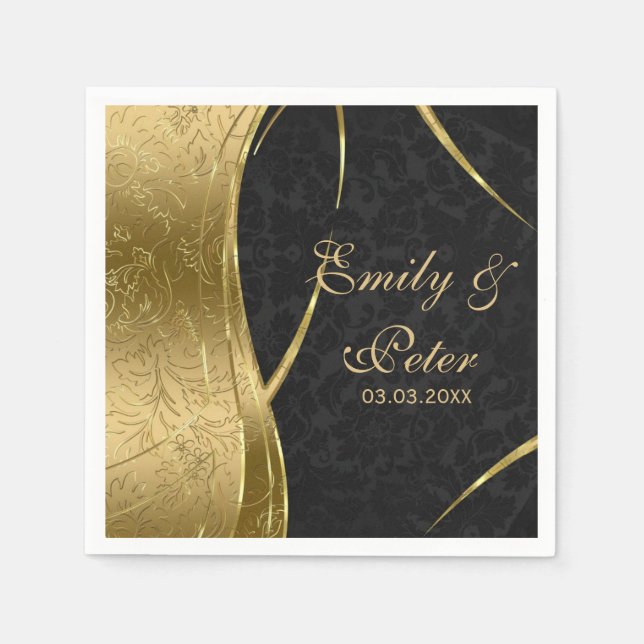 Black And Gold Damask-Save The Date Paper Napkins (Front)