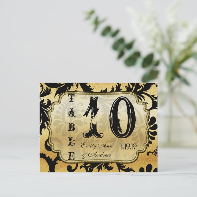 Black and Gold Damask Swirls Table Number (Standing Front)