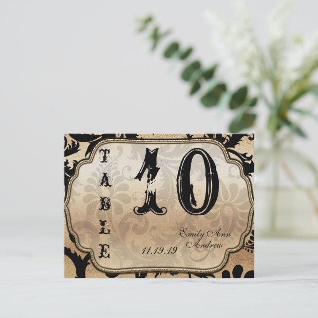 Black and Gold Damask Swirls Table Number (Standing Front)