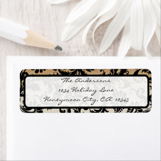 Black and Gold Damask Swirls Wedding Label