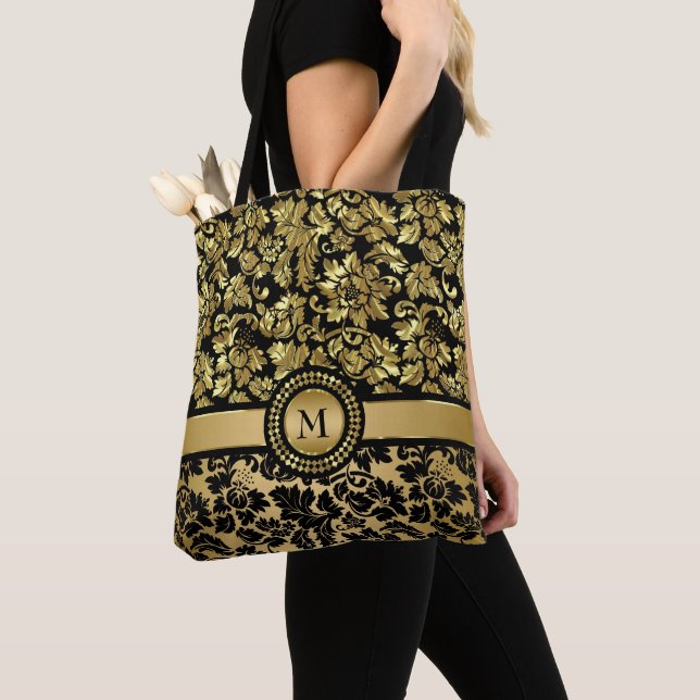 Black And Gold Damask Tote Bag (Close Up)