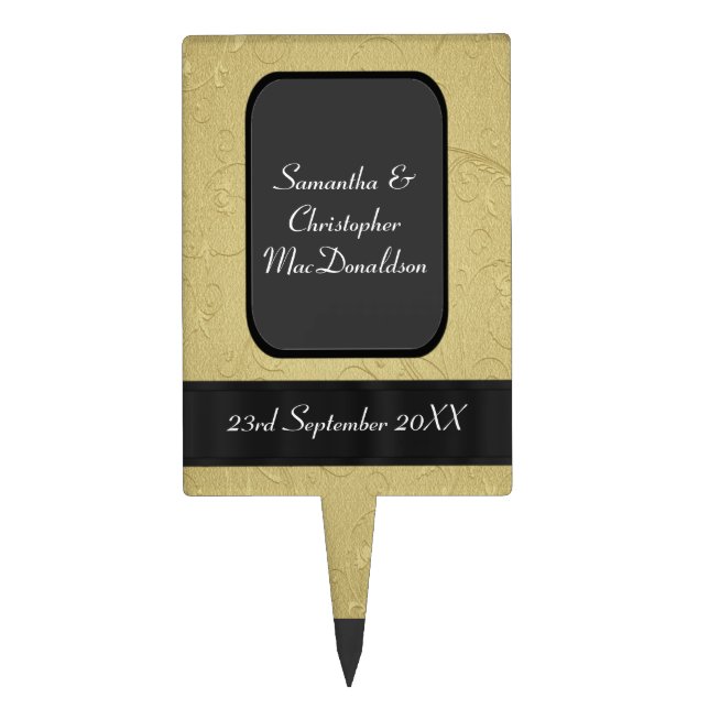 Black and gold damask wedding cake topper (Front)