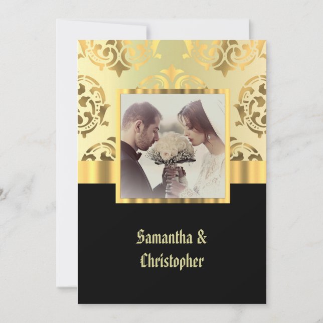 Black and gold damask wedding photo invitation (Back)