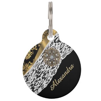 Black And Gold Damask White Lace And Crystal Pet Name Tag by monogramgiftz at Zazzle