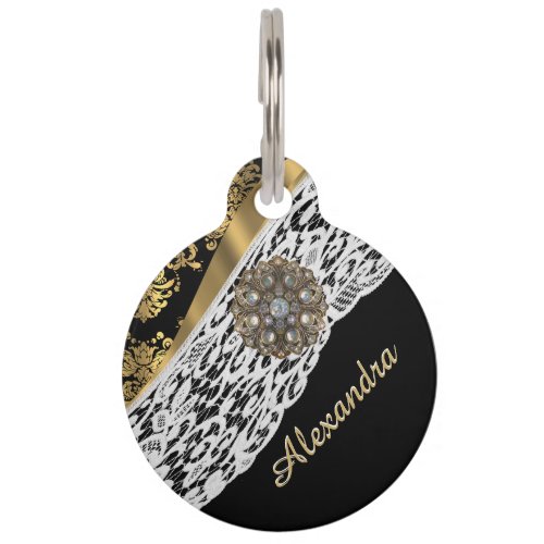 Black and gold damask white lace and crystal pet name tag