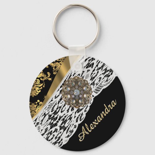 Black and gold damask white lace crystal keychain