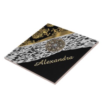 Black And Gold Damask White Lace Crystal Tile by monogramgiftz at Zazzle