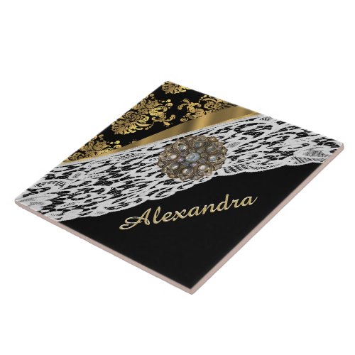 Black and gold damask white lace crystal tile