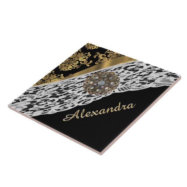 Black and gold damask white lace crystal tile (Side)