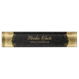 Black And Gold Damask With Swirls Desk Name Plate