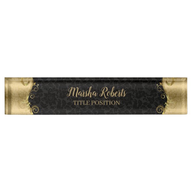 Black And Gold Damask With Swirls Desk Name Plate (Front)