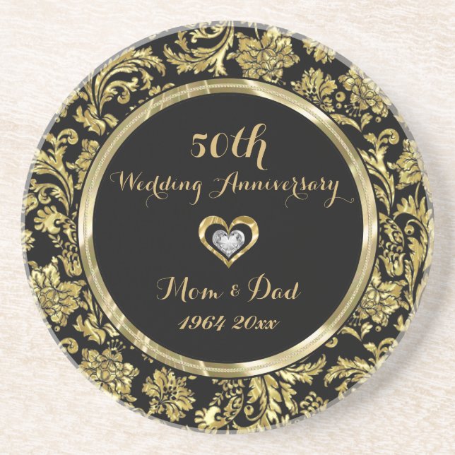 Black And Gold Damasks 50th Wedding Anniversary 2 Coaster (Front)