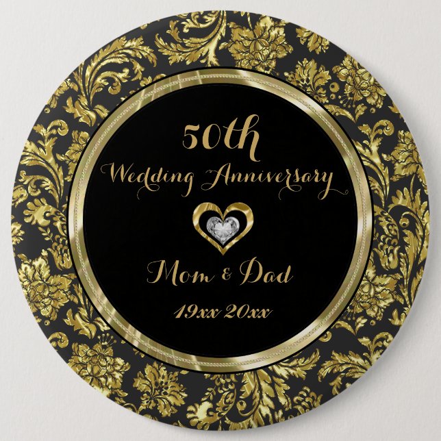 Black And Gold Damasks 50th Wedding Anniversary 2 Pinback Button (Front)