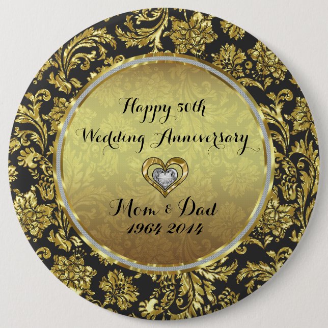 Black And Gold Damasks 50th Wedding Anniversary Button (Front)
