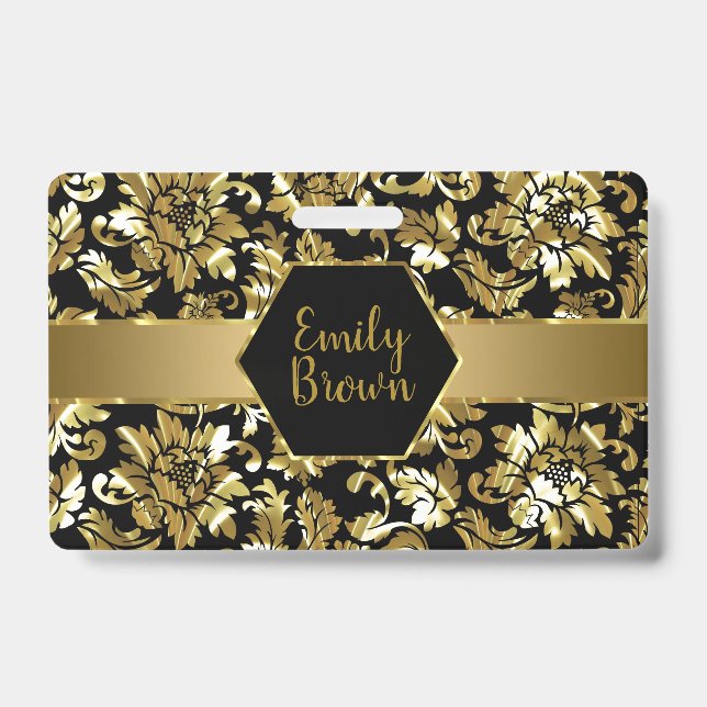 Black And Gold Damasks Pattern Badge (Front)