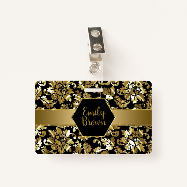 Black And Gold Damasks Pattern Badge (Front with Clip)